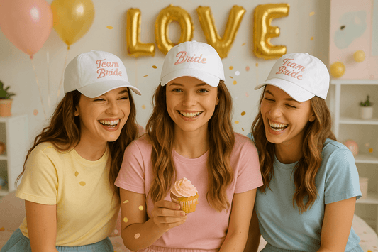Tre amiche sorridenti indossano cappellini 'Team Bride' durante una festa di addio al nubilato con decorazioni colorate.