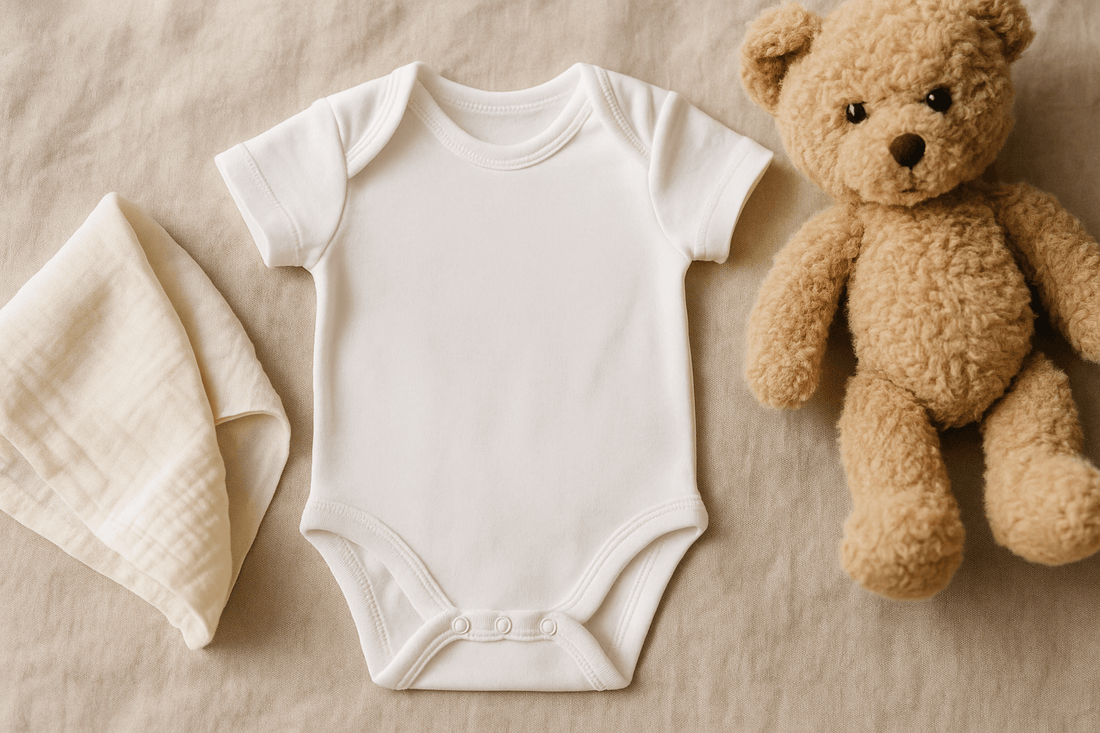 Body neonato bianco accanto a un orsetto di peluche e un panno color crema su sfondo beige.