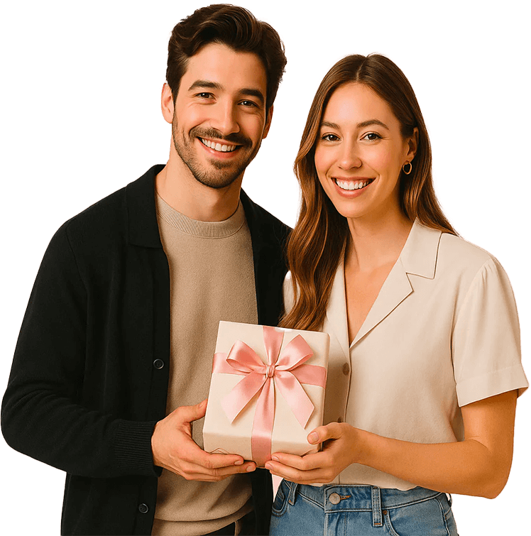 Coppia felice che tiene un regalo confezionato con un nastro rosa, perfetto per ogni occasione speciale.