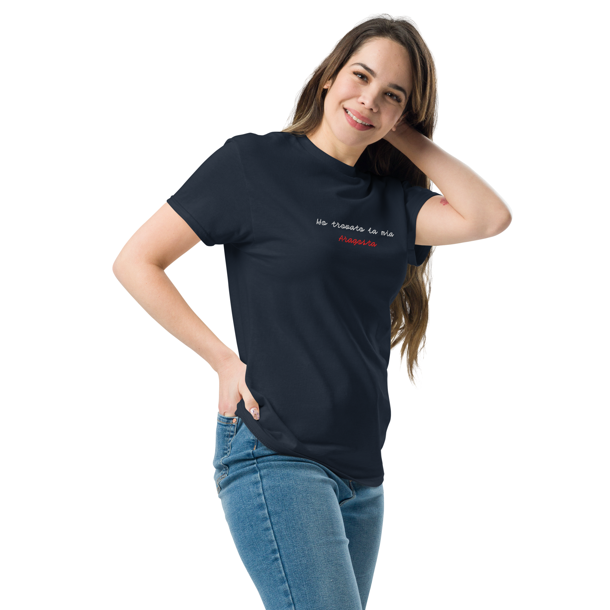 T-shirt bianca con logo aragosta della collezione Lobster di Honee, perfetta per viaggi e avventure.