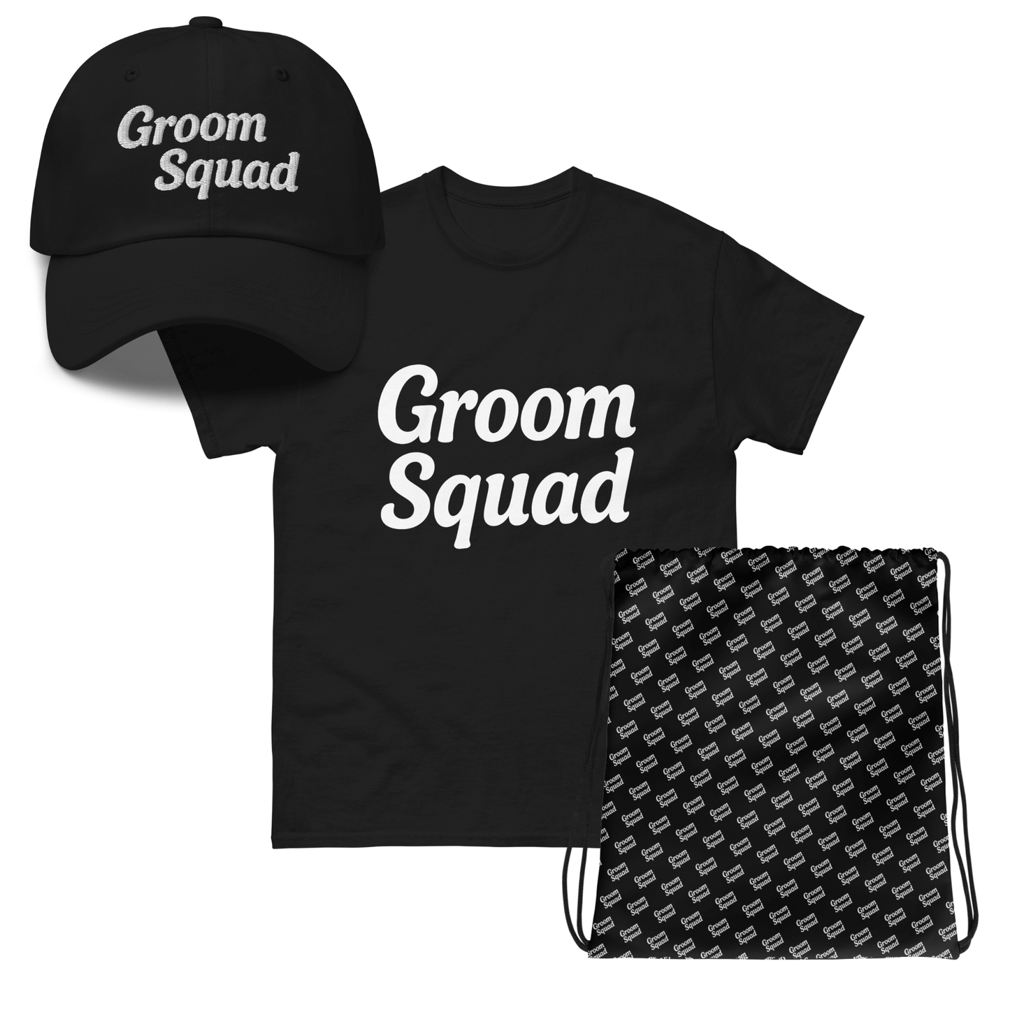 Set Groom Squad per addio al celibato: t-shirt, cappellino ricamato e sacca coordinata neri con scritte bianche.