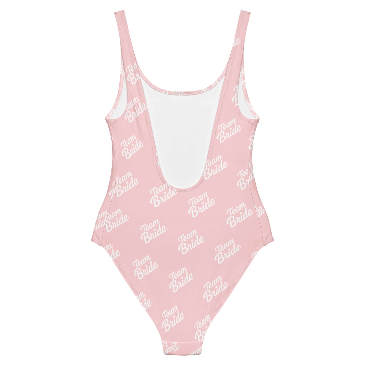 Costume da bagno intero rosa Team Bride con scritta bianca, perfetto per addio al nubilato.