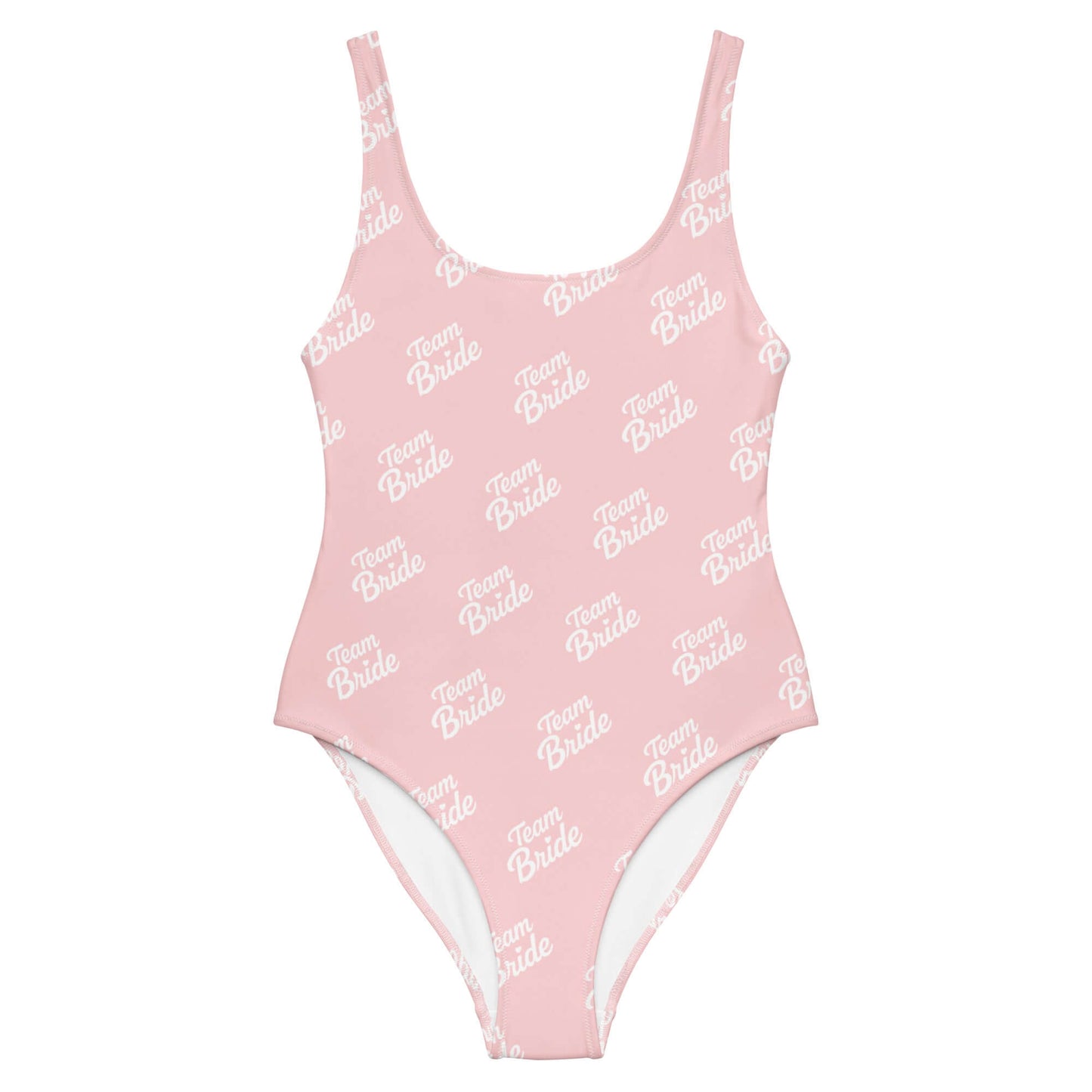 Costume da bagno intero rosa con scritta 'Team Bride' per addio al nubilato e momenti speciali.