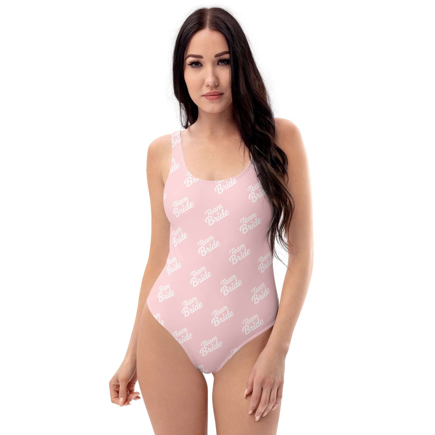 Costume da bagno intero rosa 'Team Bride' per addio al nubilato, stile e divertimento.