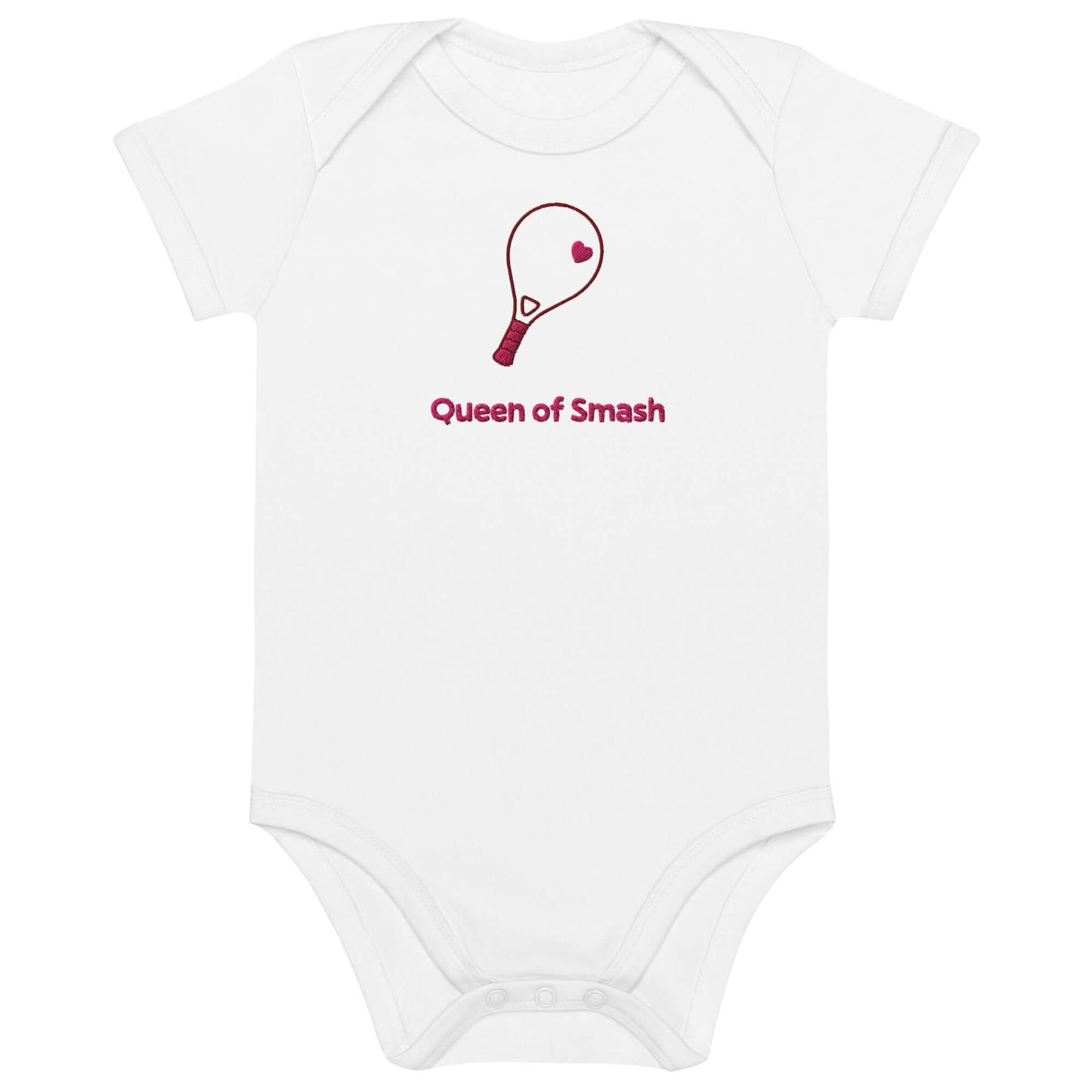 Body neonato personalizzato per bimba in cotone organico con ricamo racchetta da padel e scritta 'Queen of Smash'.