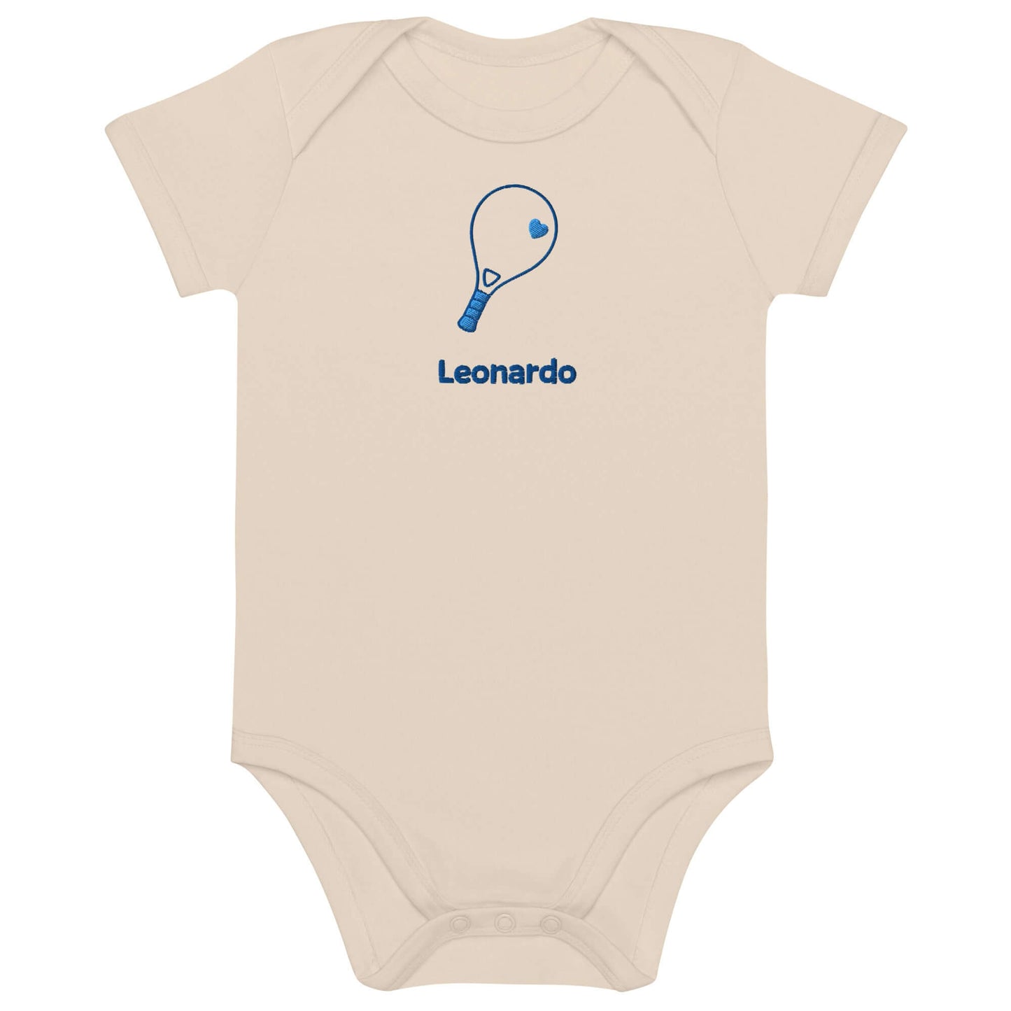 Body neonato personalizzato di cotone organico con ricamo racchetta da padel, nome Leonardo.