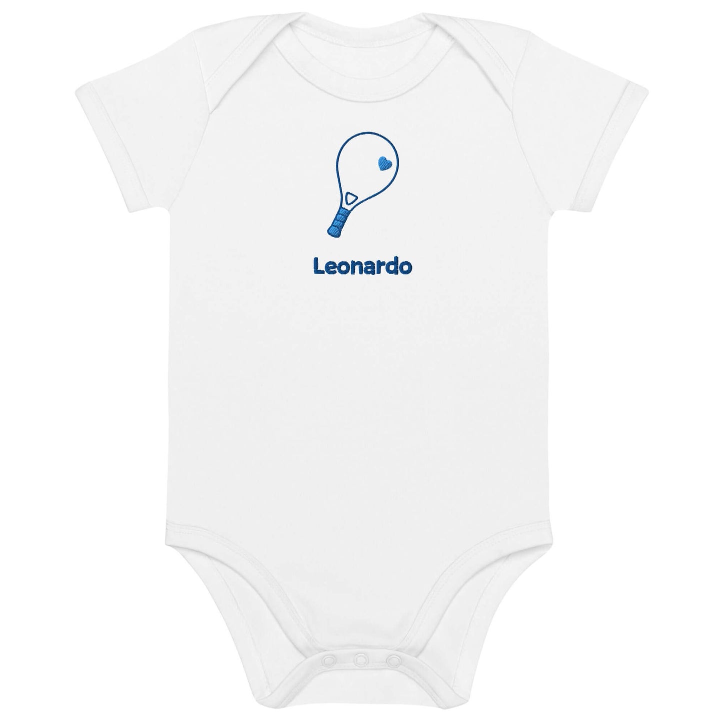 Body neonato personalizzato con racchetta da padel e nome Leonardo, in cotone organico per bimbo.