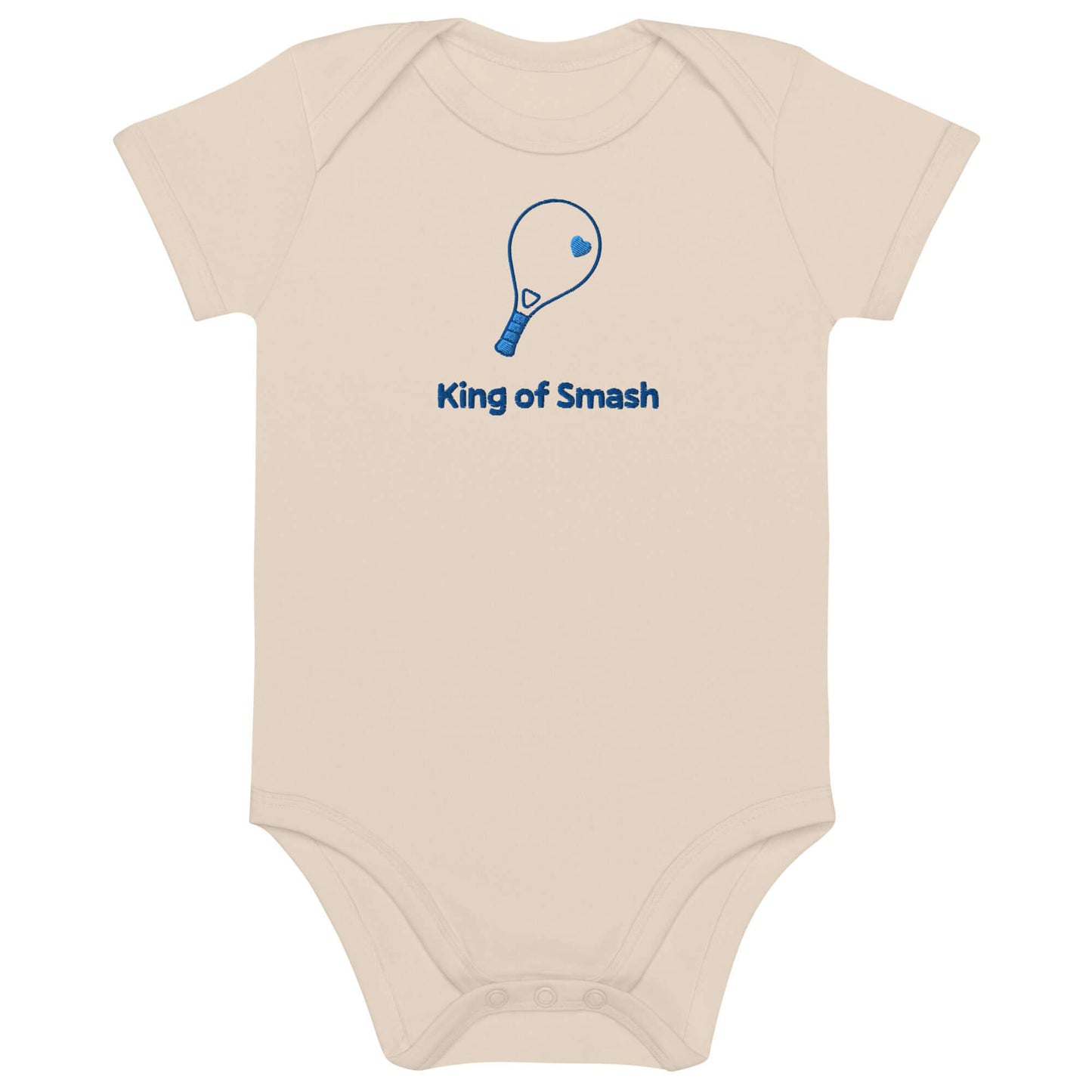 Body neonato personalizzato in cotone organico con ricamo racchetta da padel, perfetto per bimbo sportivo.