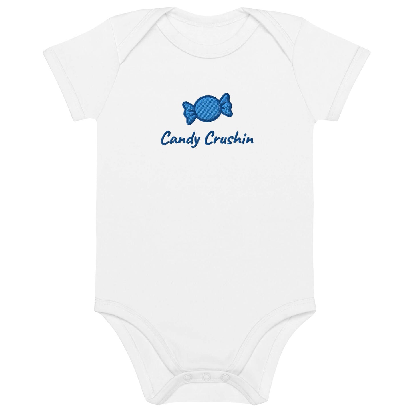 Body neonato ricamato "Candy Crushin" in cotone organico, manica corta e design dolce.