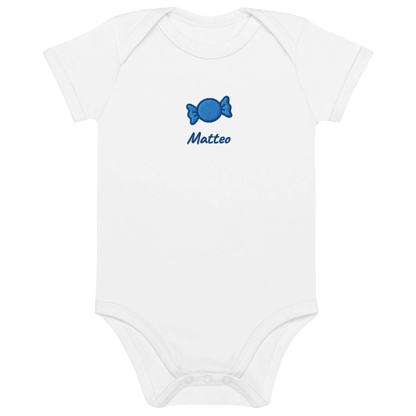 Body neonato ricamato "Candy Crushin" con nome Matteo, in cotone organico bianco.