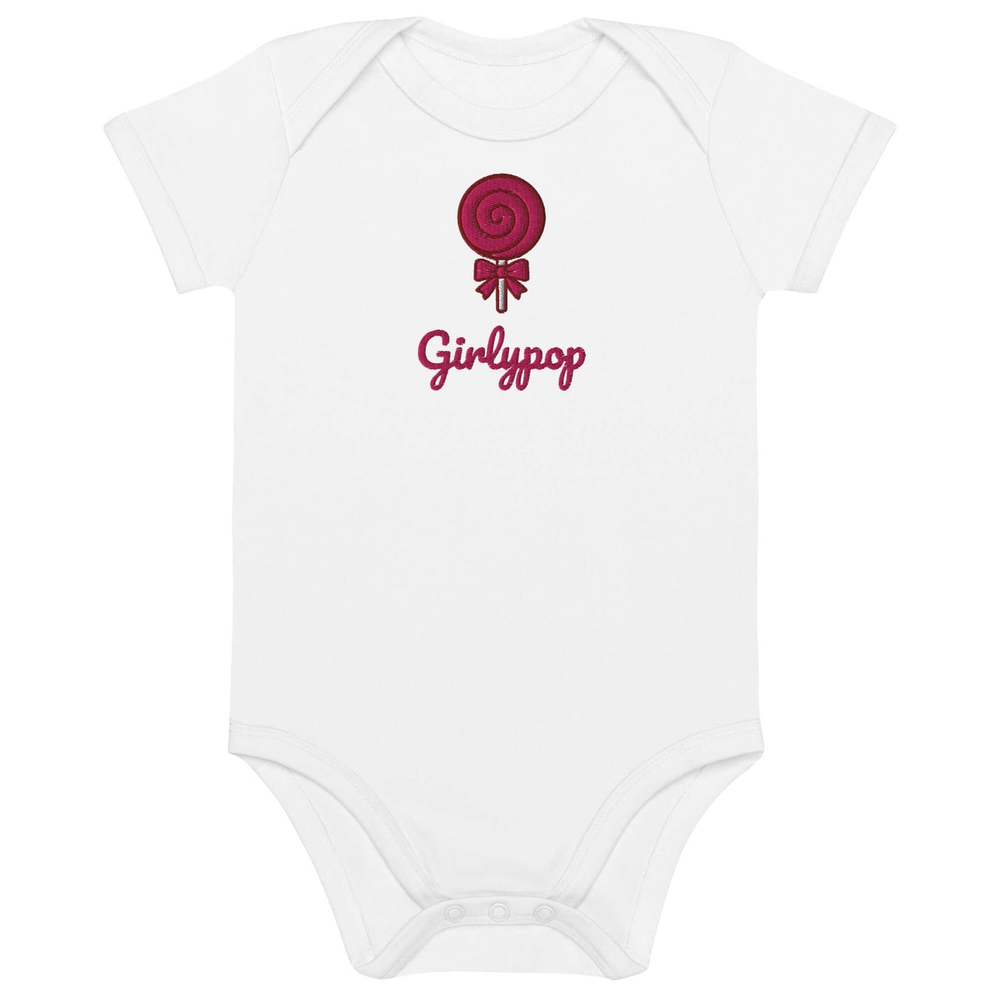 Body neonato ricamato "Girlypop" con lecca-lecca, in cotone organico, stile unico e ironico.