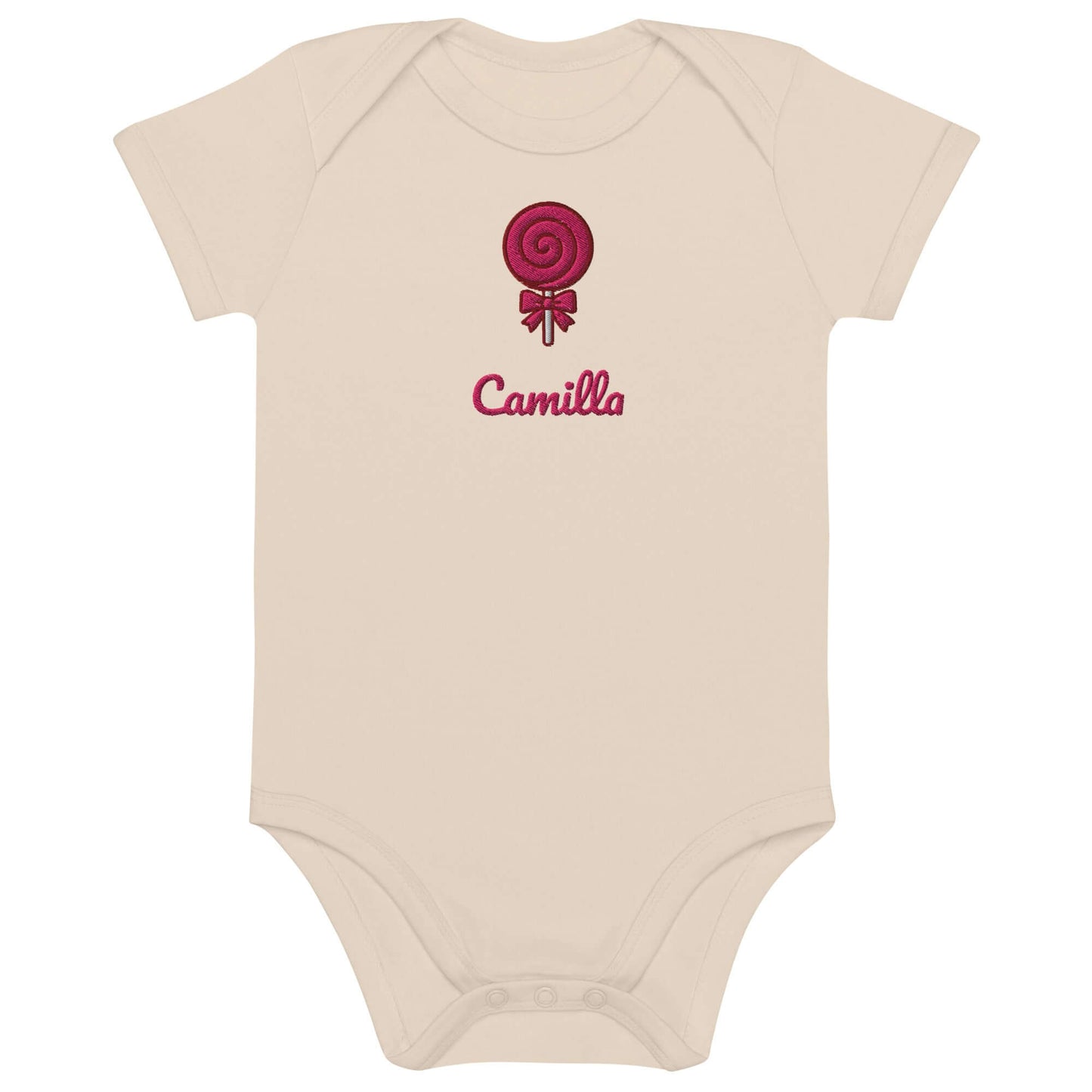 Body neonato ricamato “Girlypop” in cotone organico con lecca-lecca e nome Camilla.