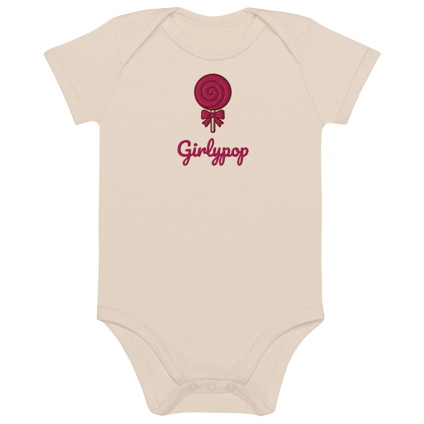 Body neonato ricamato “Girlypop” in cotone organico con lecca-lecca colorato e scritta in corsivo.