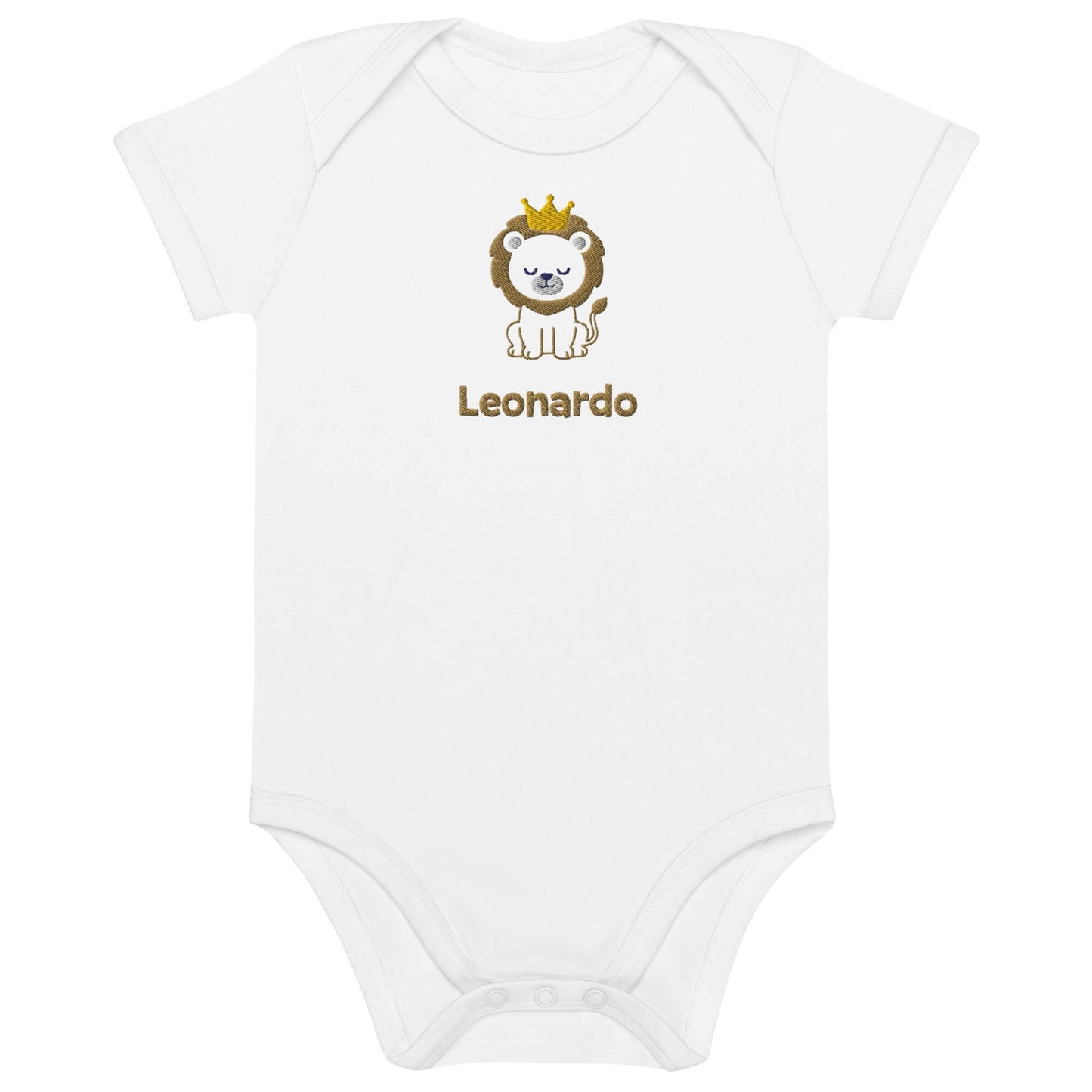 Body neonato bianco con leoncino ricamato e nome Leonardo, perfetto per i piccoli sovrani del relax.