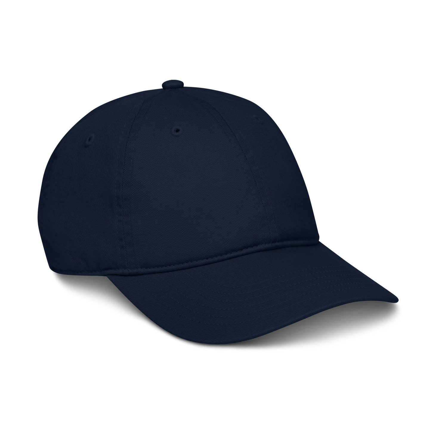 Cappellino ricamato in tessuto organico, blu scuro, con visiera curva e regolazione, per uno stile sostenibile.