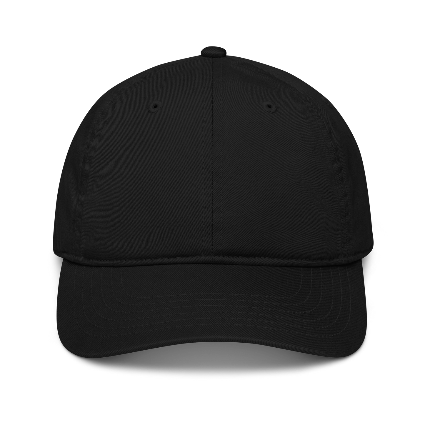 Cappellino baseball ricamato personalizzato in tessuto organico, color nero, con visiera curva e design classico.