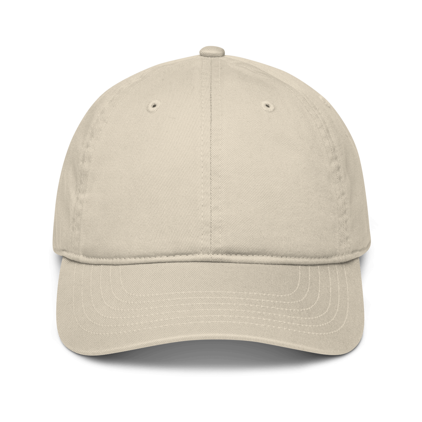 Cappellino ricamato personalizzato in tessuto organico, colore beige, con visiera curva.