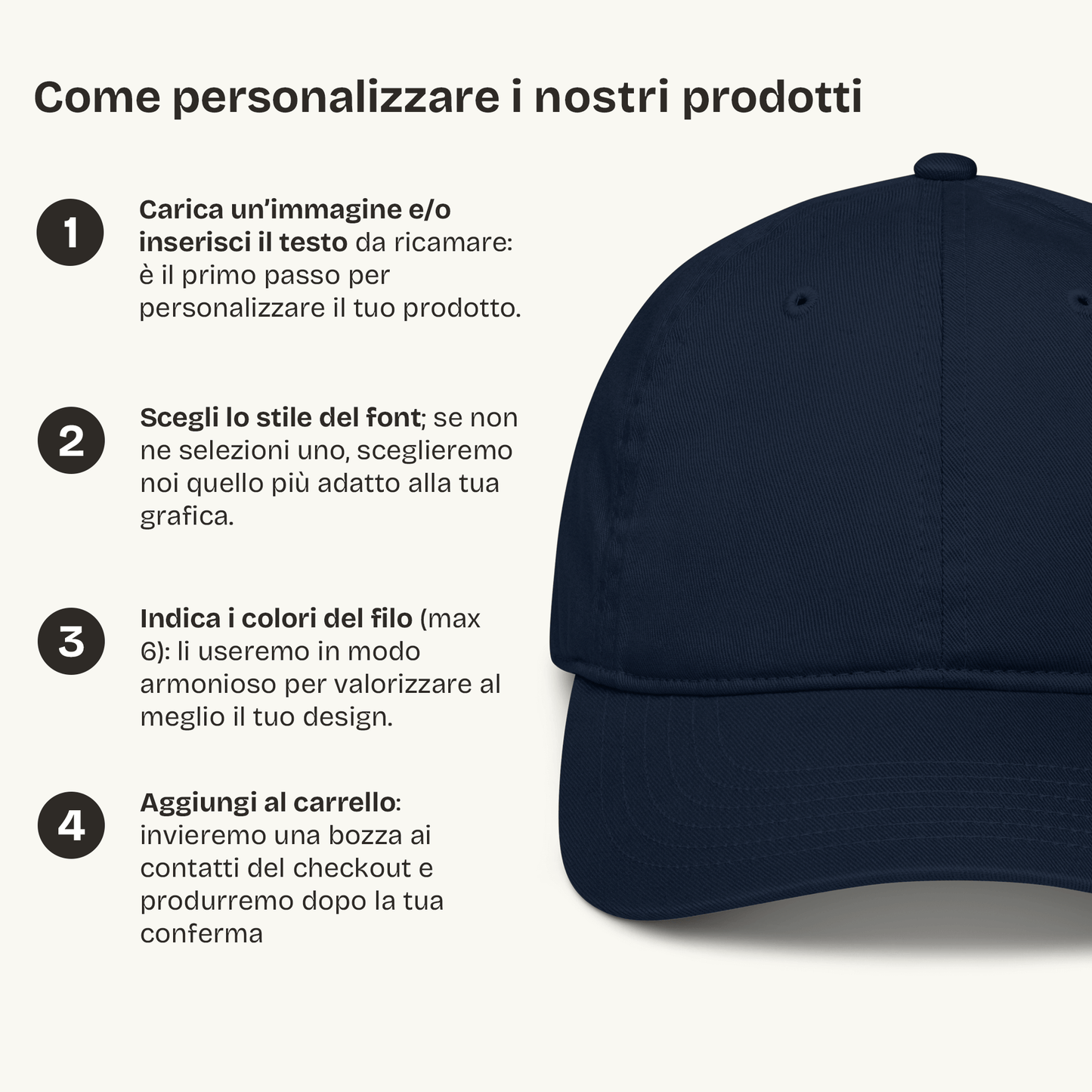 Istruzioni per personalizzare cappellini ricamati in tessuto organico, con dettagli su font e colori.