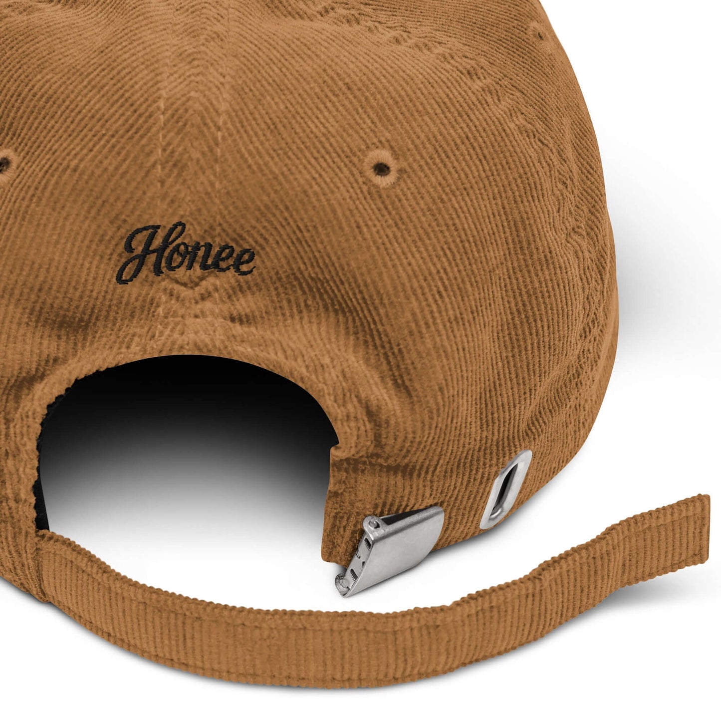 Back view of a brown corduroy cap with adjustable strap and embroidered logo.