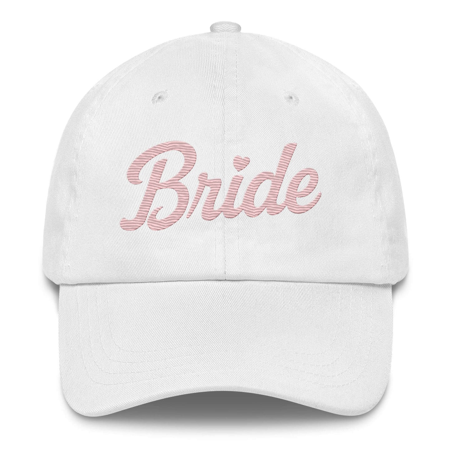 Cappellino bianco con ricamo rosa "Bride" per spose, ideale per addio al nubilato e giorno del matrimonio.