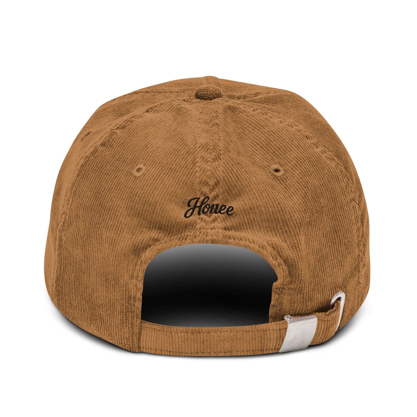 Cappellino ricamato in velluto a coste marrone con scritta annerita 'Honee' sul retro.