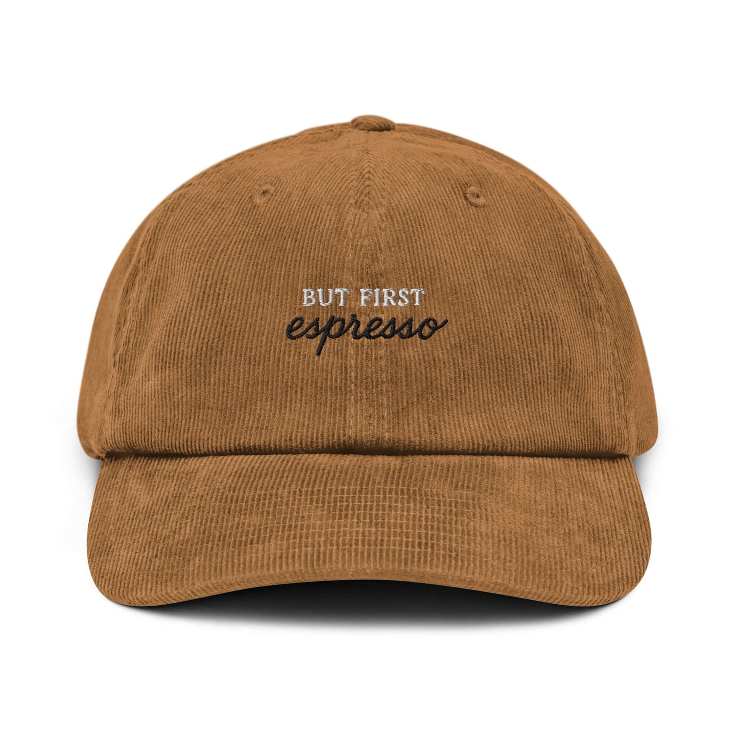 Cappellino ricamato in velluto a coste 'But first espresso' per gli amanti del caffè.