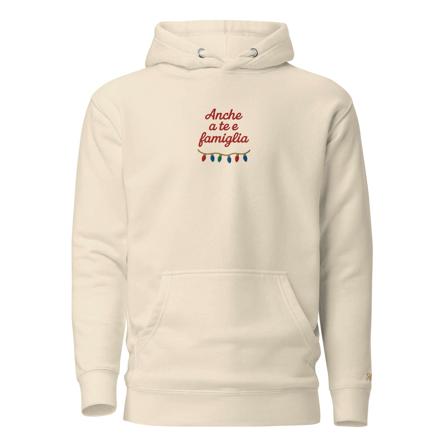 Felpa natale ricamata "Anche a te e famiglia" con decorazioni natalizie colorate su sfondo chiaro.