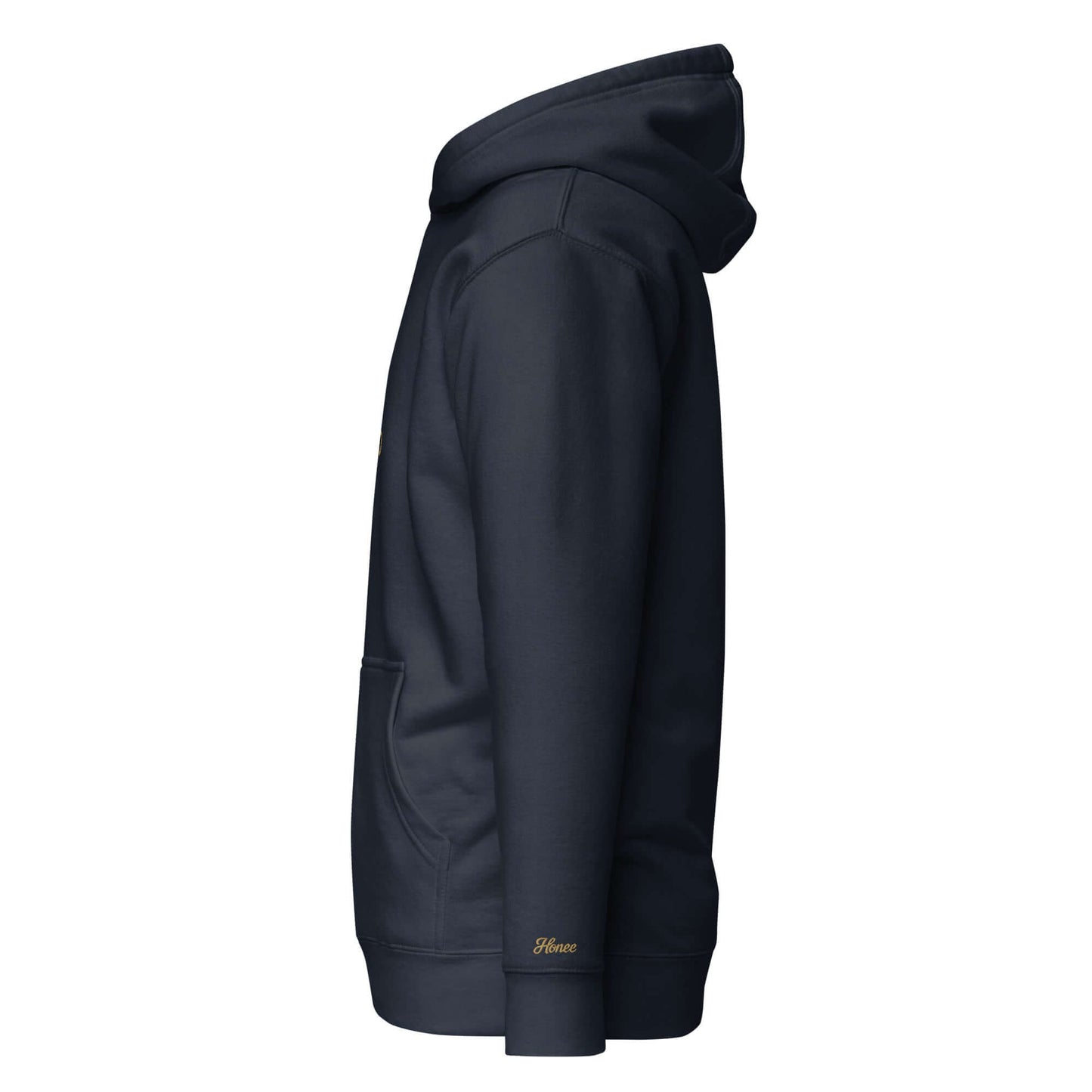 Felpa natale ricamata 'Team Pandoro' vista laterale, colore navy, con cappuccio e tasca frontale.