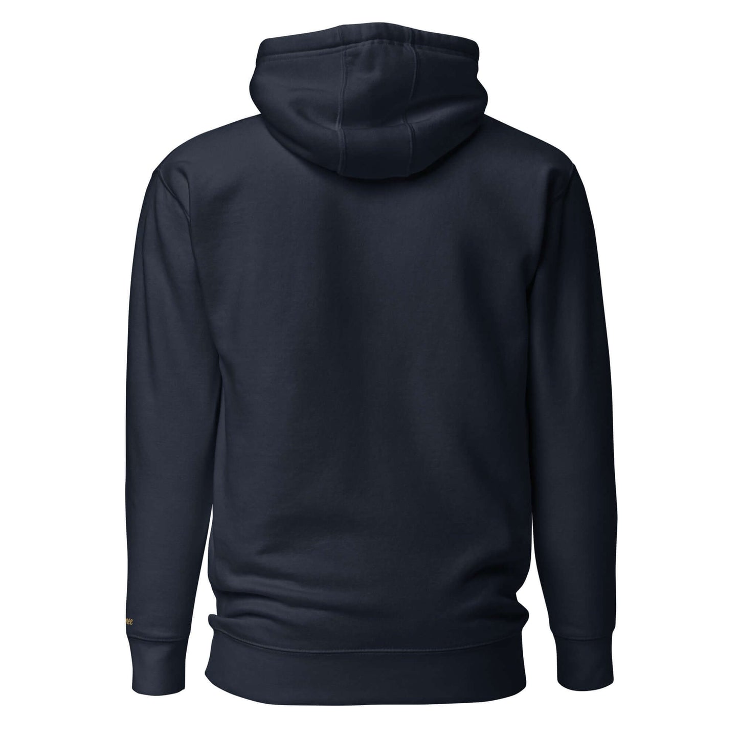 Felpa natale ricamata colore navy con cappuccio e tasca frontale, vista posteriore.
