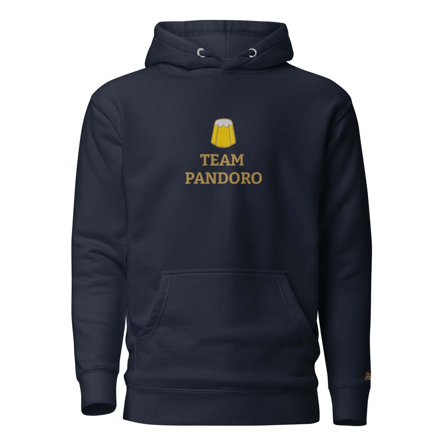 Felpa natale ricamata blu navy con cappuccio e logo "TEAM PANDORO" sul davanti.