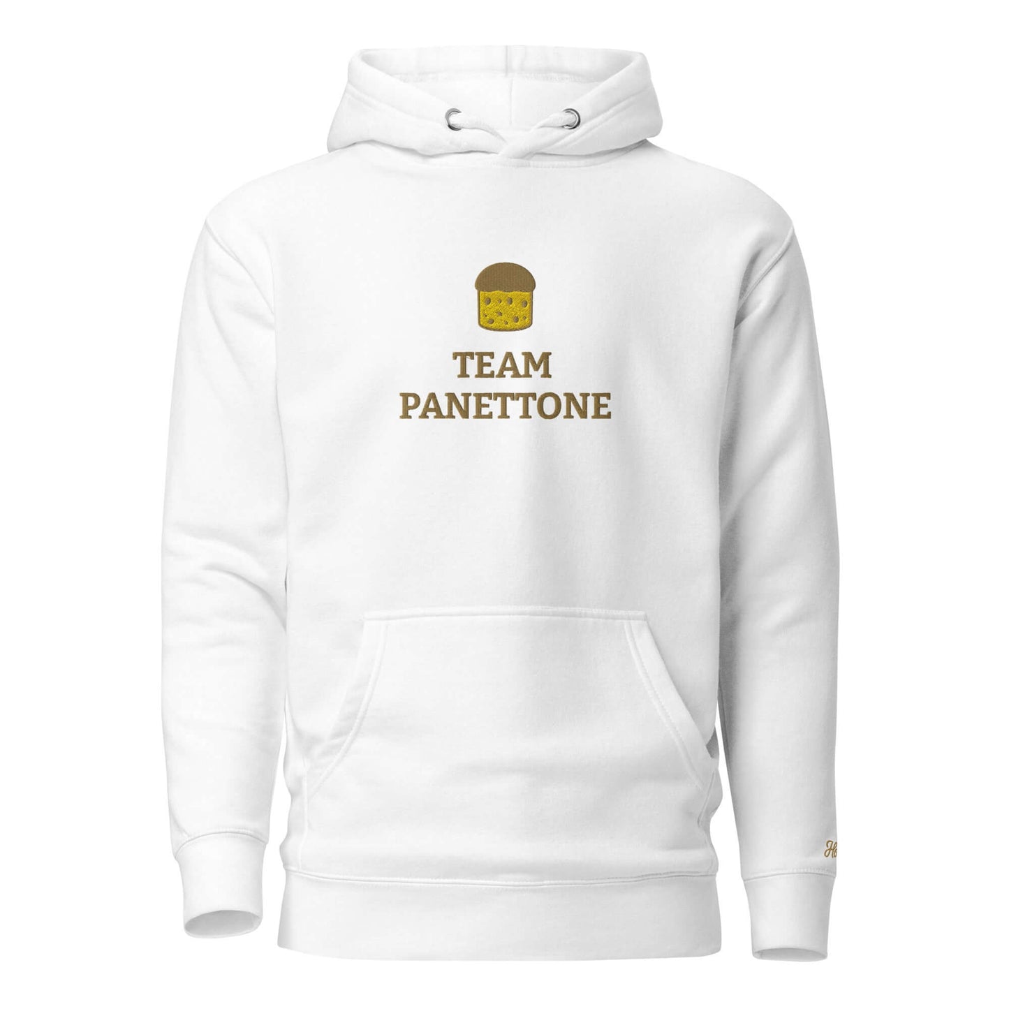Felpa natale ricamata bianca con cappuccio e logo "Team Panettone" per uno stile streetwear festivo.