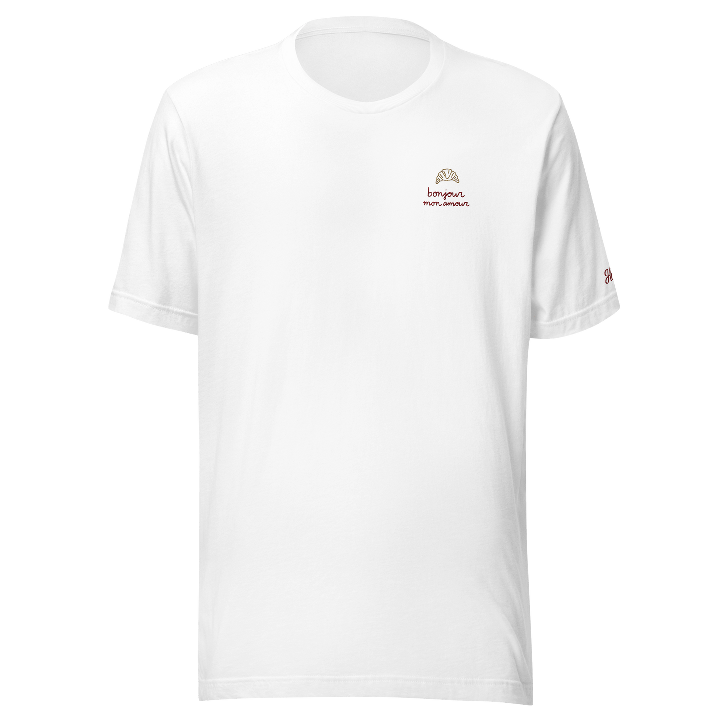 Maglietta bianca ricamata da donna "Bonjour mon amour" con design elegante e dettagli sottili.