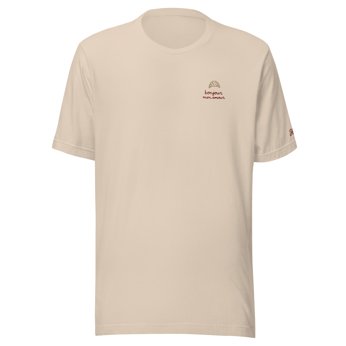Maglietta ricamata da donna beige "Bonjour mon amour" con dettagli raffinati e vestibilità rilassata.