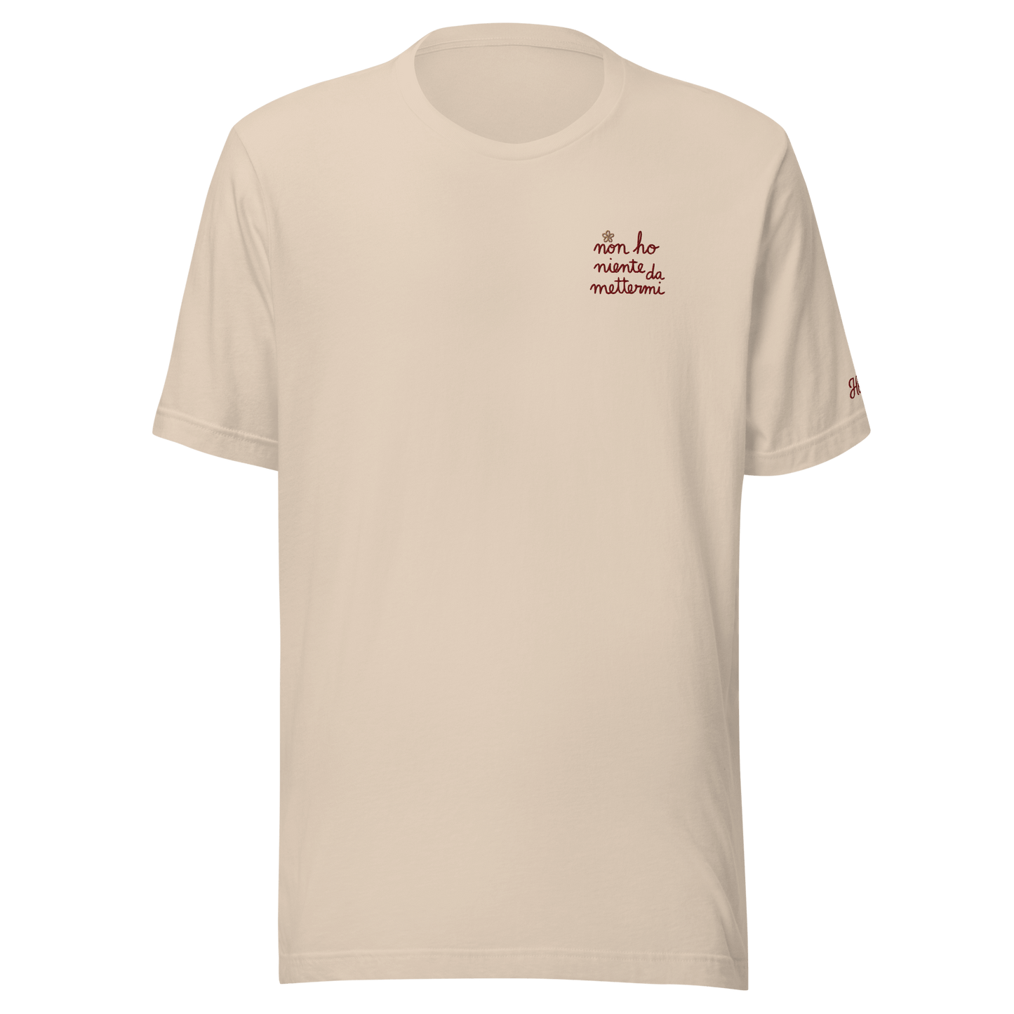 Maglietta ricamata da donna in cotone con la scritta "Non ho niente da mettermi" in stile minimal.