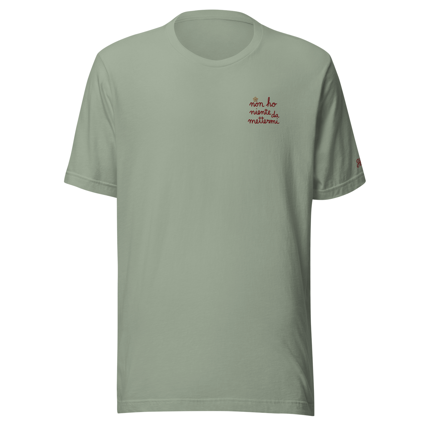 Maglietta ricamata da donna color verde con testo "Non ho niente da mettermi" per un look ironico e casual.