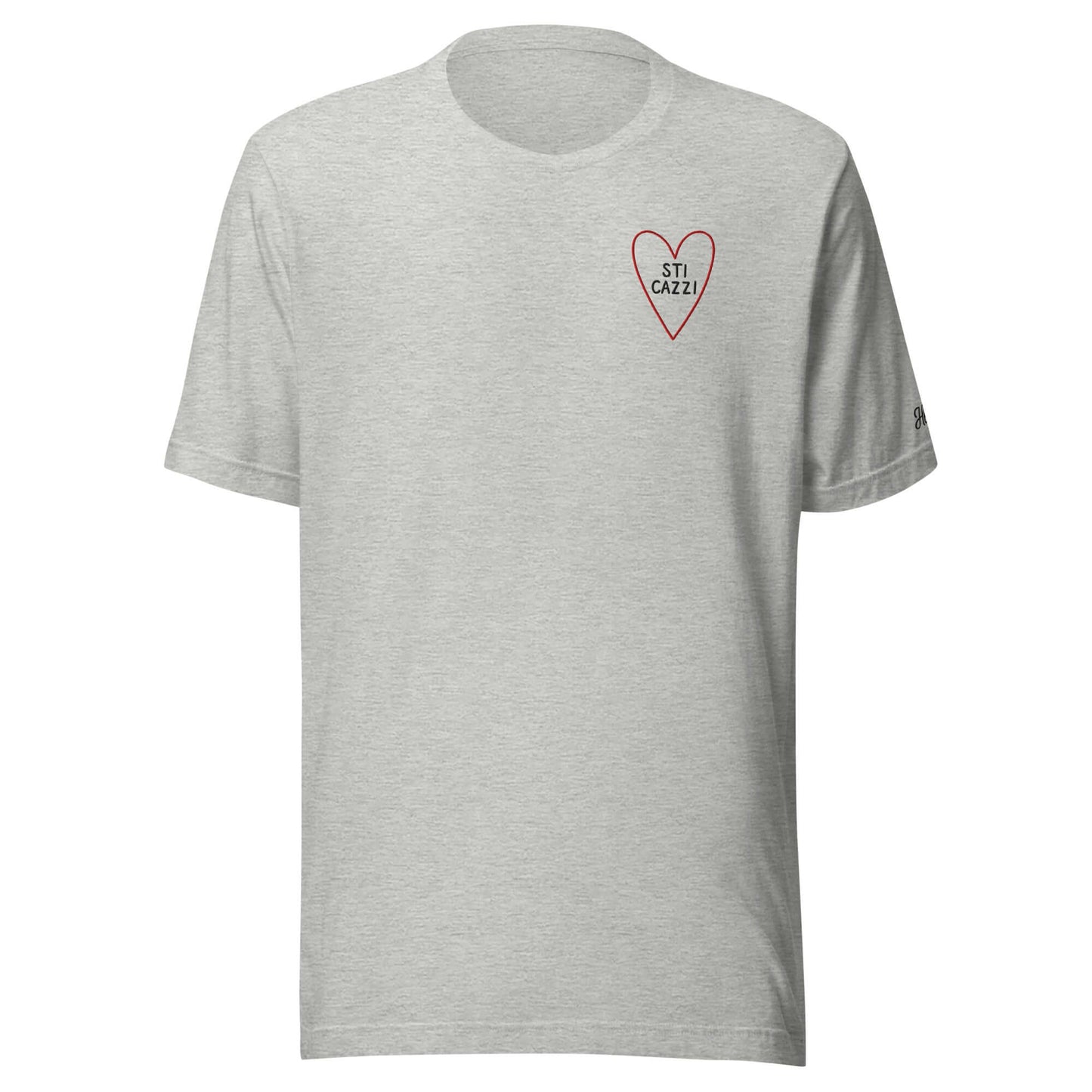 Maglietta grigia donna con ricamo "Sti Cazzi" a forma di cuore, casual e di personalità.