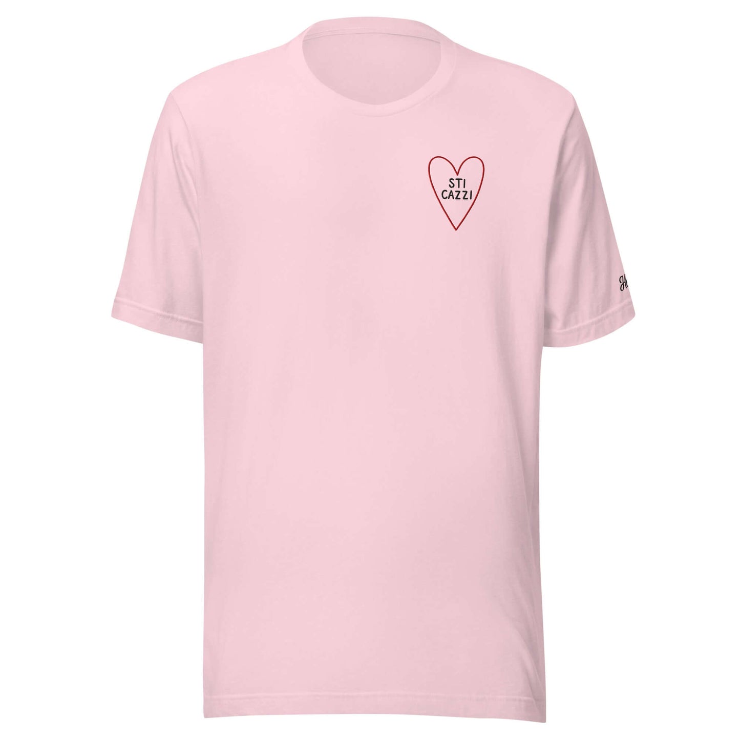 Maglietta rosa con ricamo 'STI CAZZI' a forma di cuore, casual e divertente.