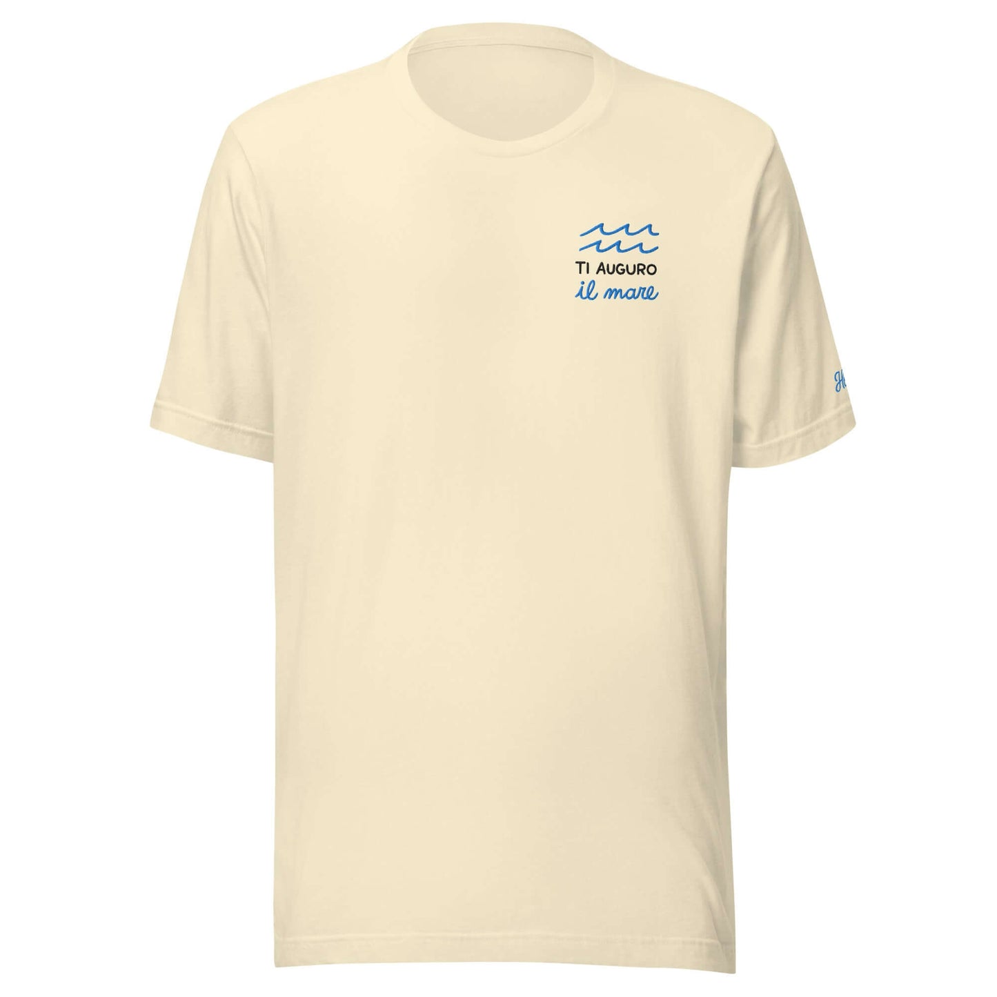 T-shirt ricamata donna "Ti auguro il mare" in cotone biologico, colore crema con scritta azzurra.