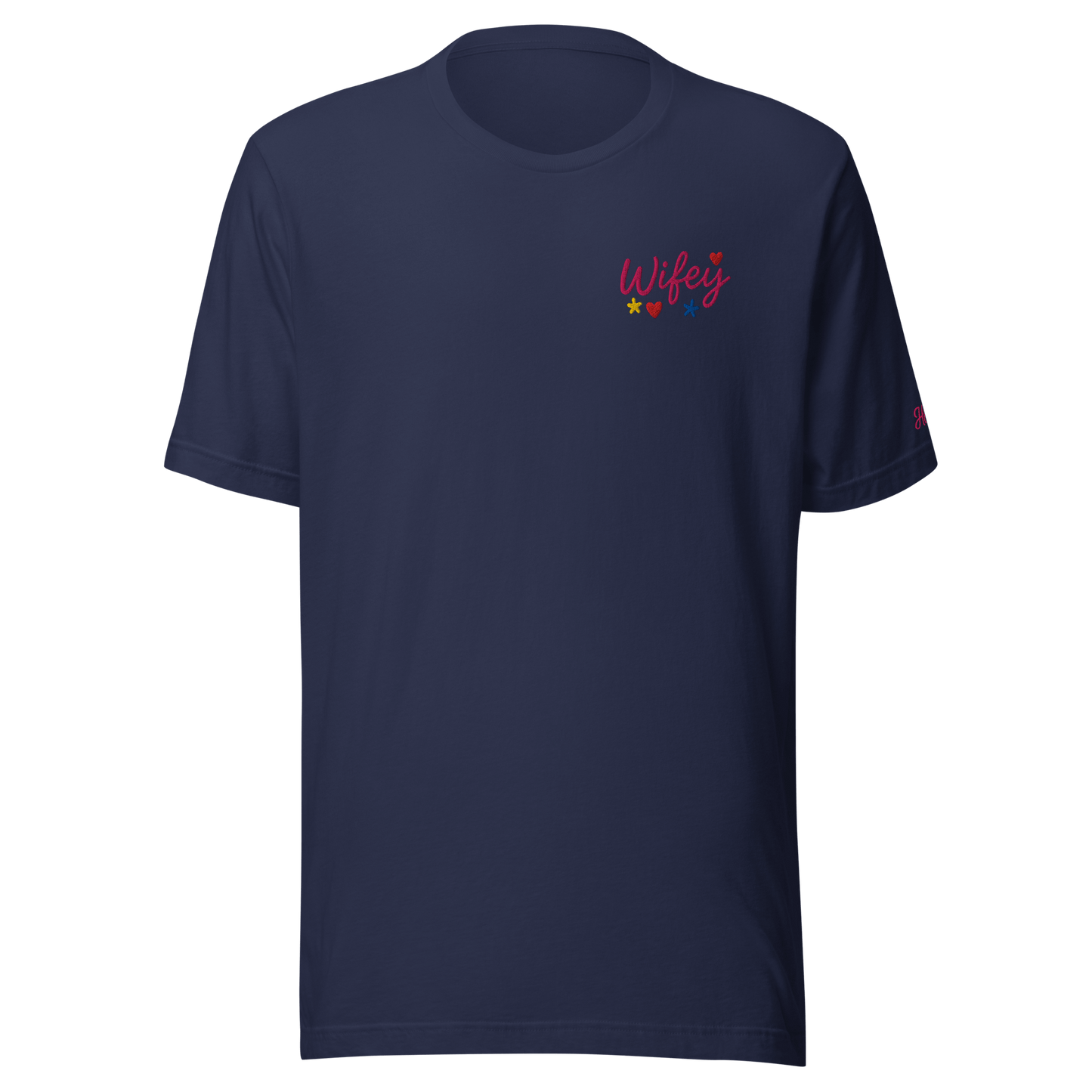 Maglietta ricamata 'Wifey' in cotone, colore blu navy, comoda e leggera per ogni occasione.
