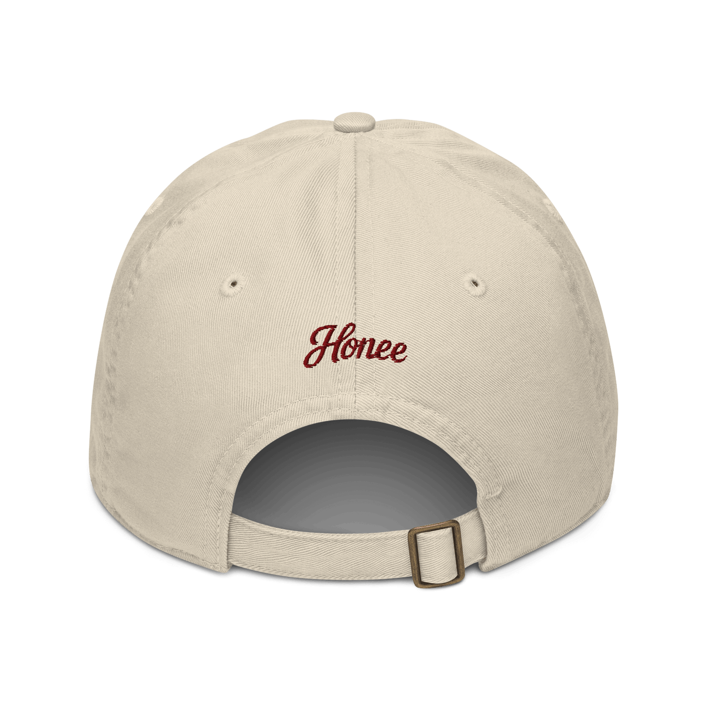 Cappellino ricamato in tessuto organico con design elegante sul retro, ideale per look casual.