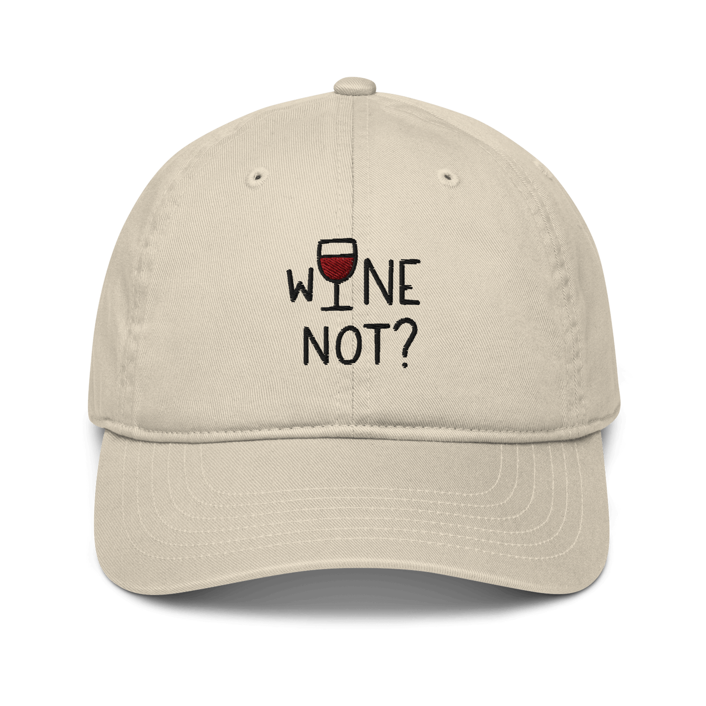 Cappellino ricamato in tessuto organico con scritta "Wine not?" perfetto per uno stile casual.