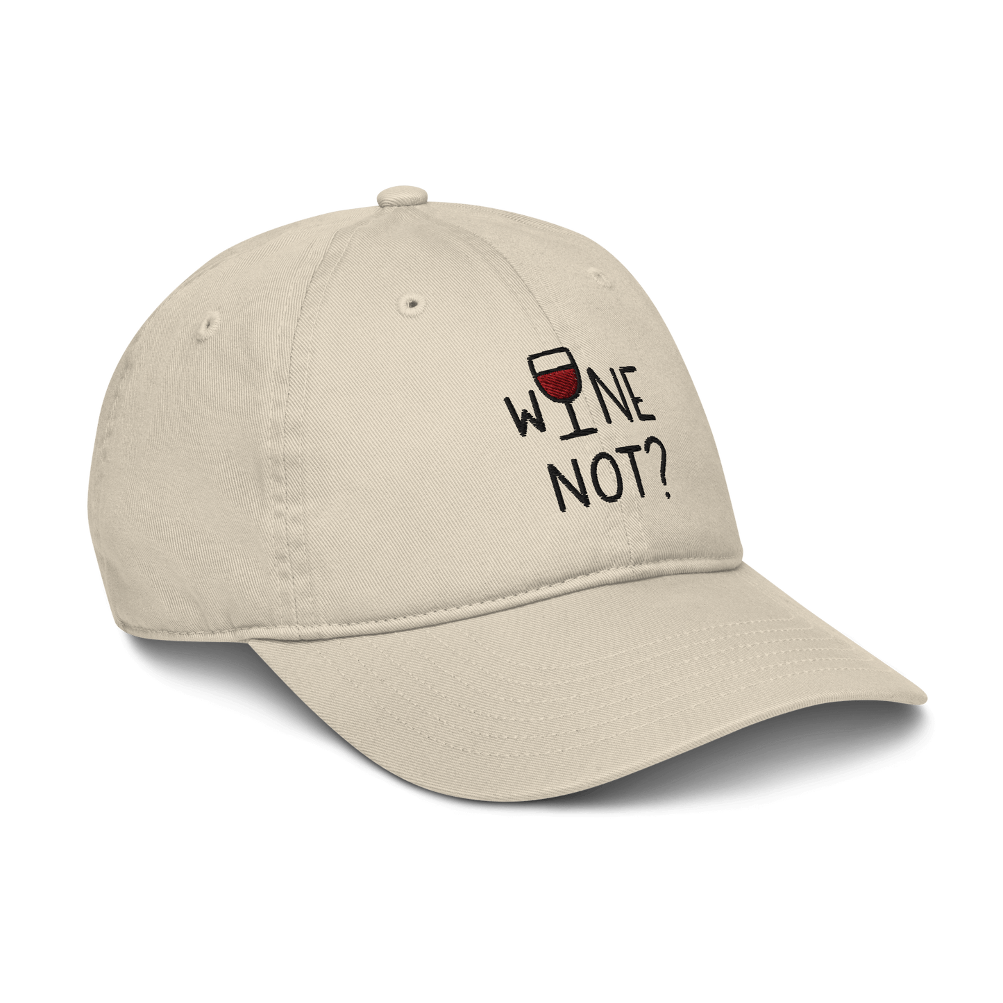 Cappellino ricamato in tessuto organico con frase ‘Wine not?’ per uno stile rilassato.