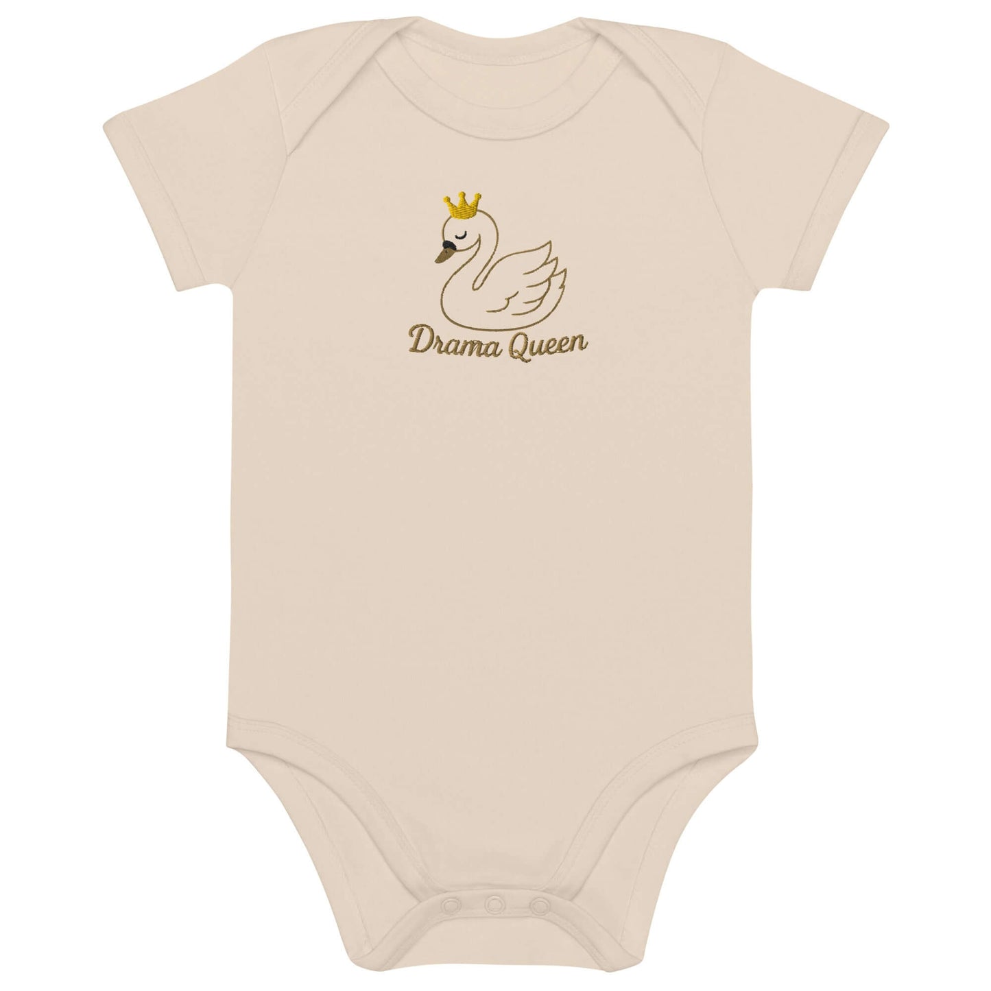 Body neonato 'Drama Queen' con cigno ricamato e coroncina, elegante e ironico.