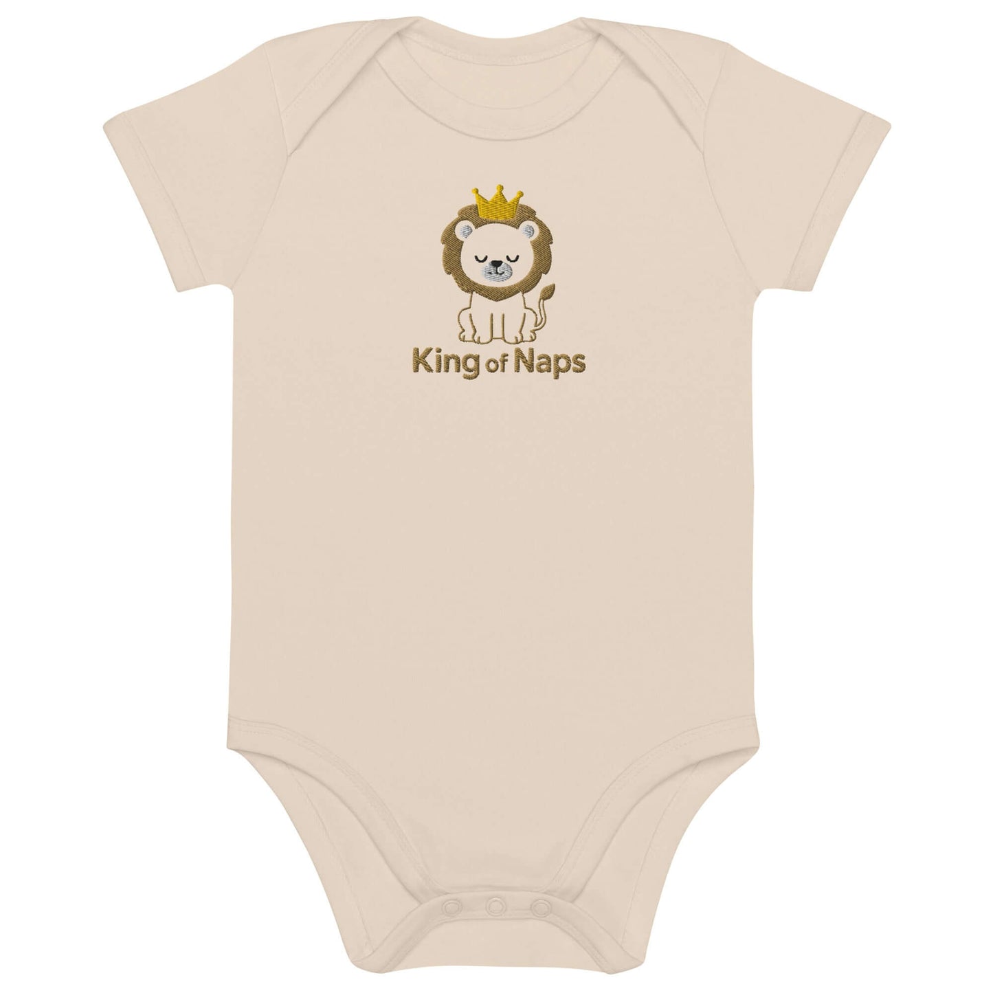 Body neonato 'King of Naps' con leoncino ricamato e corona. Elegante e comodo per i piccoli sovrani del relax.