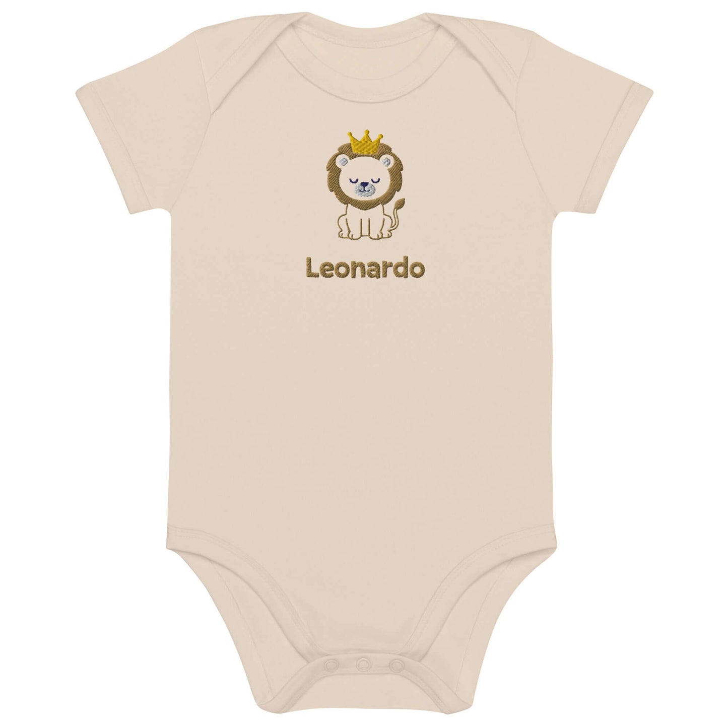 Body neonato "King of Naps" con leoncino ricamato e nome Leonardo, perfetto per i piccoli sovrani del relax.