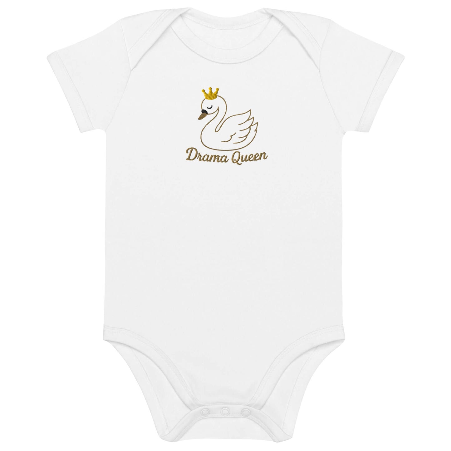 Body neonato bianco "Drama Queen" con cigno ricamato e coroncina, design elegante e ironico.