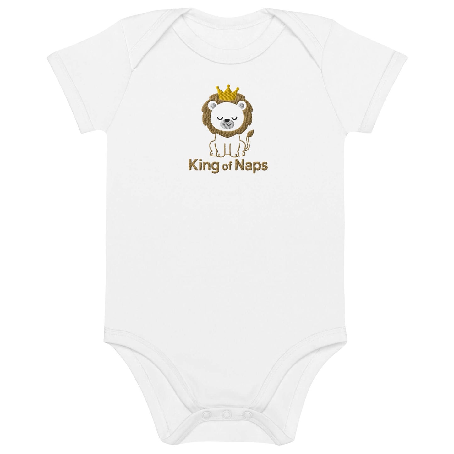 Body neonato bianco "King of Naps" con leoncino ricamato e corona per bebè, simbolo di dolcezza e regalità.