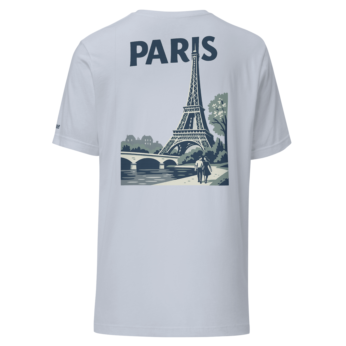 T-shirt bianca da uomo con design Eiffel Tower e scritta 'PARIS' sul retro, perfetta per chi ama Parigi.