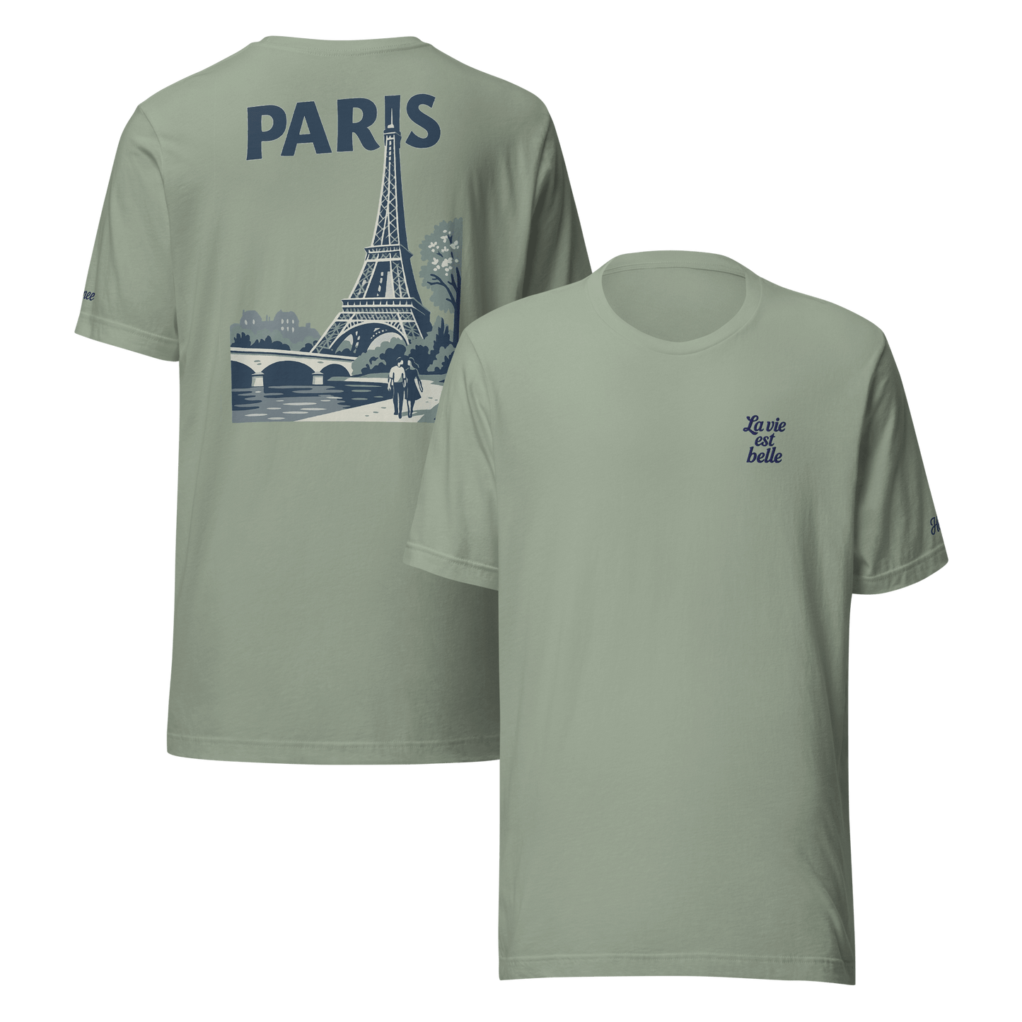 T-shirt da uomo con ricamo 'La vie est belle' e grafica Torre Eiffel, perfetta per le vacanze a Parigi.