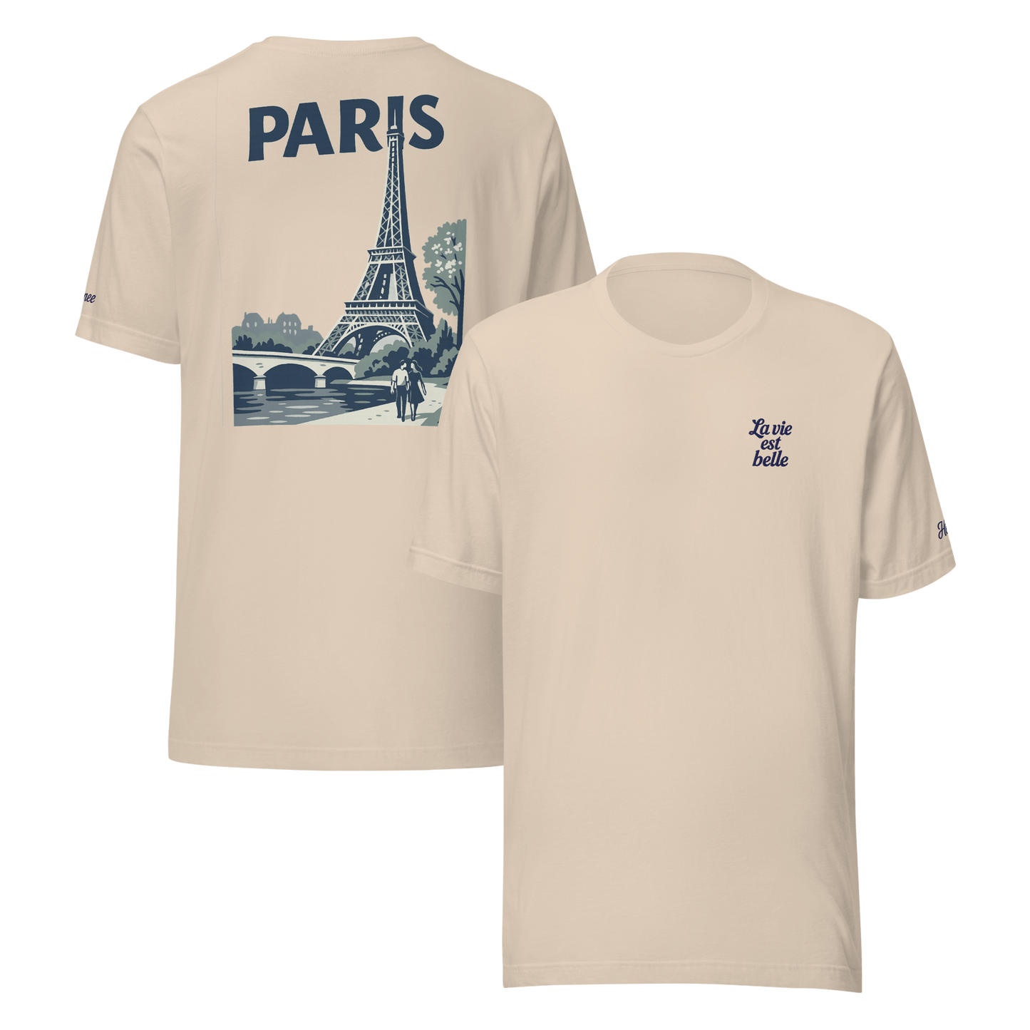 T-shirt da uomo beige con scritta "La vie est belle" e grafica della Torre Eiffel, perfetta per chi ama Parigi.